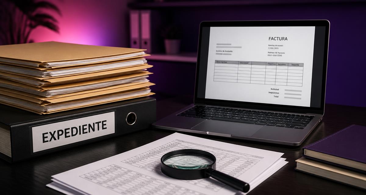Expediente físico de carpetas junto a una laptop con un CFDI en pantalla y una lupa sobre documentos