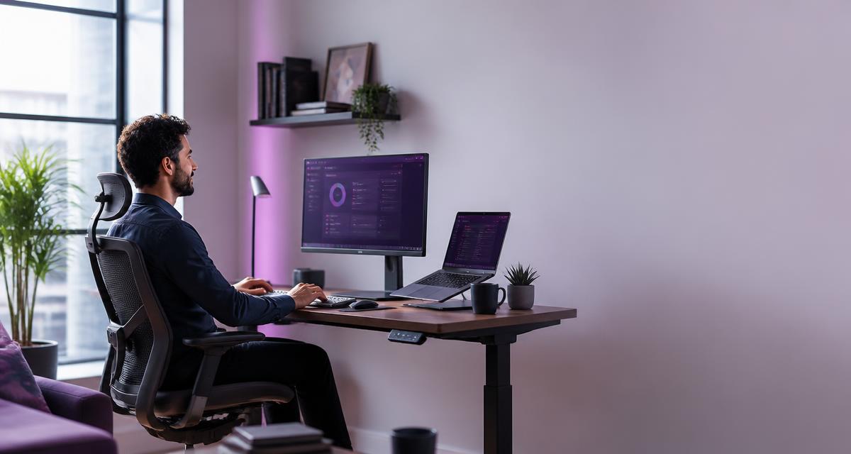 Persona trabajando desde casa en un escritorio ergonómico con monitor a la altura de los ojos